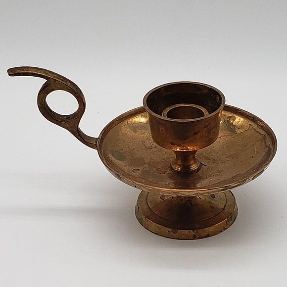 Solid Brass Vntg Pedestal Chamber Walking Candlestick Holder with Finger Ring - Picture 1 of 10